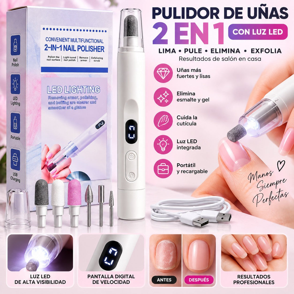 Pulidor de uñas eléctrico 2 en 1 con luz · vista 1