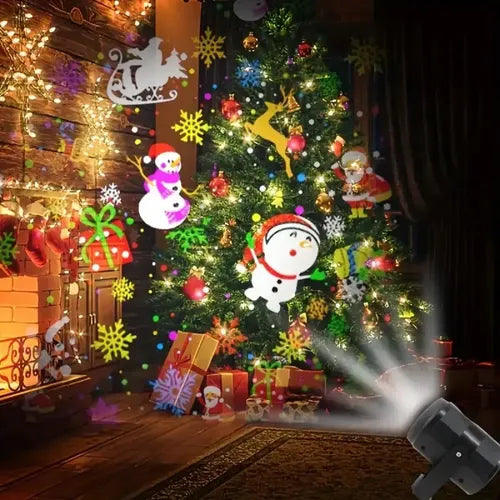 Proyector LED navideño y ejemplo de figuras de Navidad